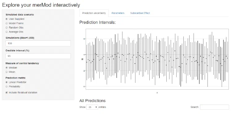 Screenshot of the shinyMer app: a sidebar of simulation controls beside the Prediction uncertainty tab, which plots a 95% prediction interval for each observation.