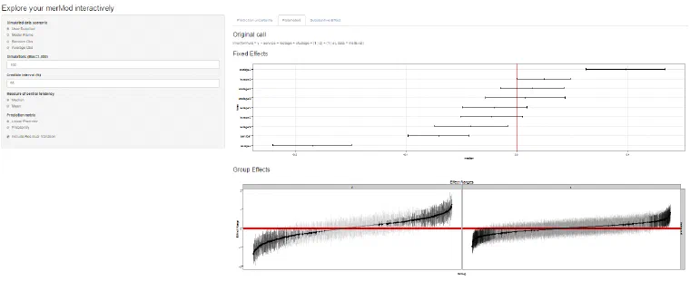 Screenshot of the shinyMer Parameters tab showing the original model call, a dot-and-whisker plot of fixed effects, and effect-range plots for the two grouping terms.